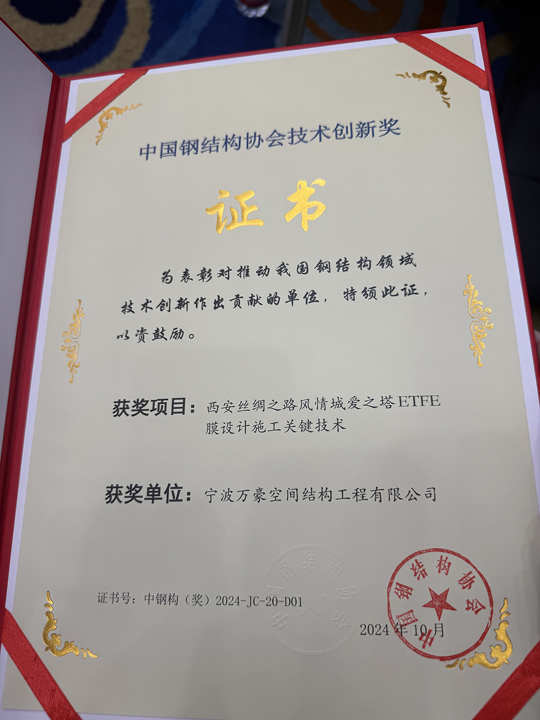 喜報！恭喜萬豪空間結構榮獲中國鋼結構協會2024年度技術創新獎